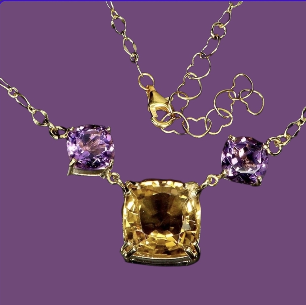 925 Sterling Silver Necklace 17" with Natural  Cushion Citrine 15mm & Amethyst